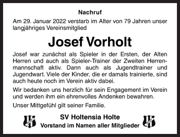 Traueranzeige von Josef Vorholt von Neue Osnabrücker Zeitung GmbH & Co. KG