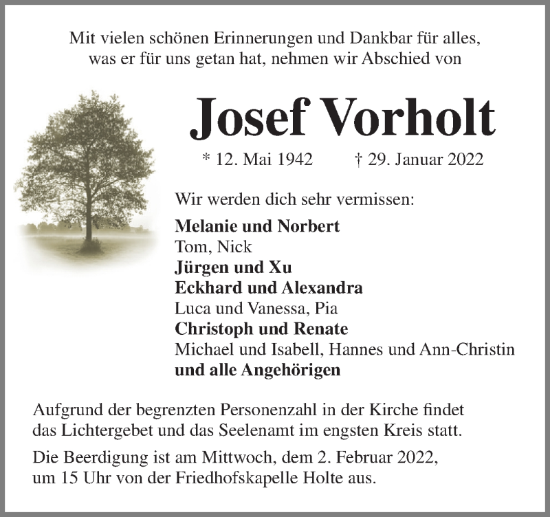  Traueranzeige für Josef Vorholt vom 01.02.2022 aus Neue Osnabrücker Zeitung GmbH & Co. KG