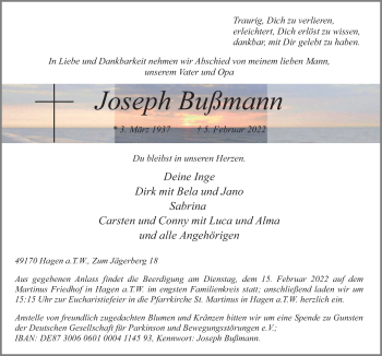 Traueranzeige von Joseph Bußmann von Neue Osnabrücker Zeitung GmbH & Co. KG