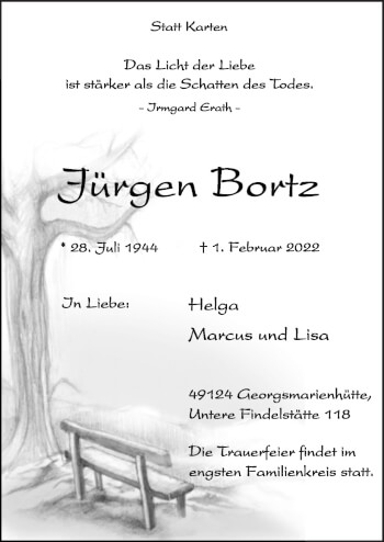 Traueranzeige von Jürgen Bortz von Neue Osnabrücker Zeitung GmbH & Co. KG