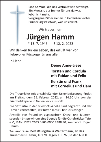 Traueranzeige von Jürgen Hamm von Neue Osnabrücker Zeitung GmbH & Co. KG