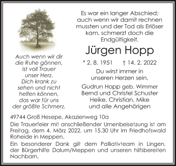 Traueranzeige von Jürgen Hopp von Neue Osnabrücker Zeitung GmbH & Co. KG