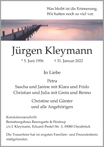 Traueranzeige von Jürgen Kleymann von Neue Osnabrücker Zeitung GmbH & Co. KG