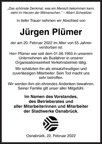 Traueranzeige von Jürgen Plümer von Neue Osnabrücker Zeitung GmbH & Co. KG
