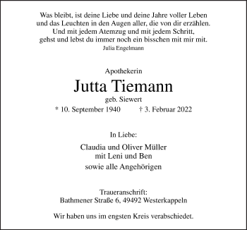 Traueranzeige von Jutta Tiemann von Neue Osnabrücker Zeitung GmbH & Co. KG