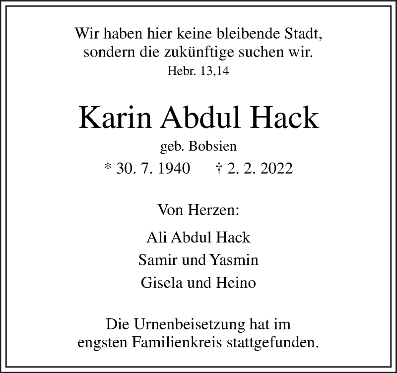  Traueranzeige für Karin Abdul Hack vom 14.02.2022 aus Neue Osnabrücker Zeitung GmbH & Co. KG