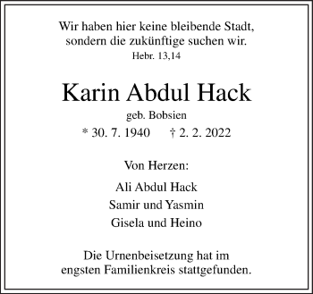 Traueranzeige von Karin Abdul Hack von Neue Osnabrücker Zeitung GmbH & Co. KG