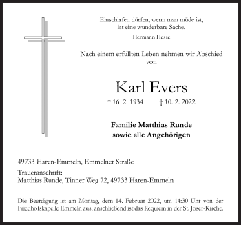 Traueranzeige von Karl Evers von Neue Osnabrücker Zeitung GmbH & Co. KG