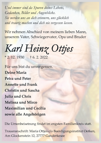 Traueranzeige von Karl Heinz Ottjes von Neue Osnabrücker Zeitung GmbH & Co. KG