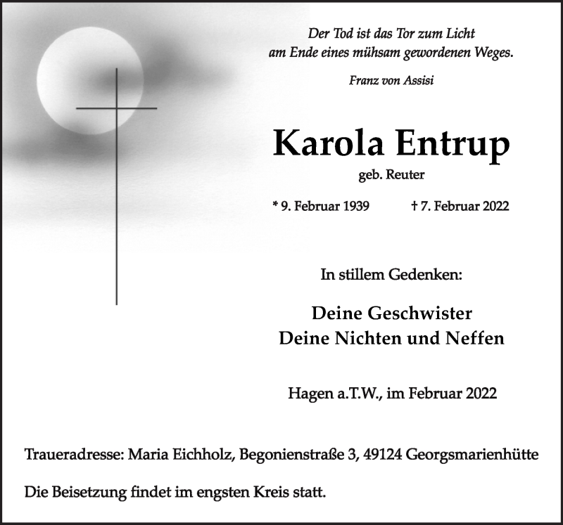  Traueranzeige für Karola Entrup vom 12.02.2022 aus Neue Osnabrücker Zeitung GmbH & Co. KG