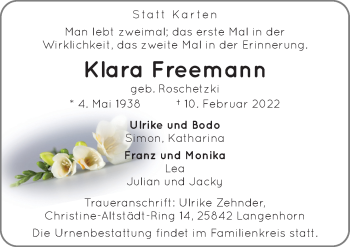 Traueranzeige von Klara Freemann von Neue Osnabrücker Zeitung GmbH & Co. KG