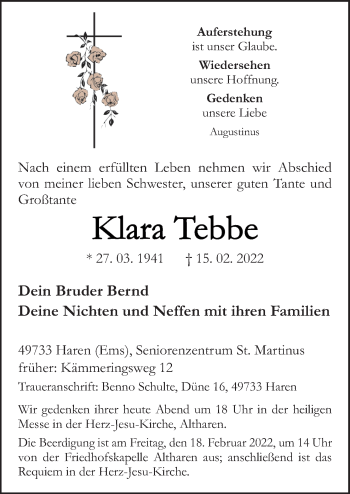Traueranzeige von Klara Tebbe von Neue Osnabrücker Zeitung GmbH & Co. KG