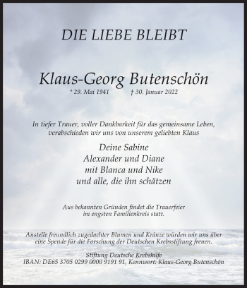 Traueranzeige von Klaus-Georg Butenschön von Neue Osnabrücker Zeitung GmbH & Co. KG