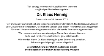 Traueranzeige von Klaus Hennig von Neue Osnabrücker Zeitung GmbH & Co. KG