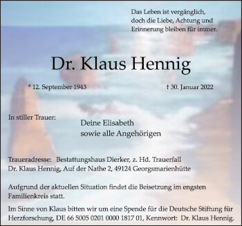 Traueranzeige von Klaus Hennig von Neue Osnabrücker Zeitung GmbH & Co. KG