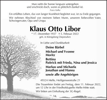 Traueranzeige von Klaus Otto Libor von Neue Osnabrücker Zeitung GmbH & Co. KG