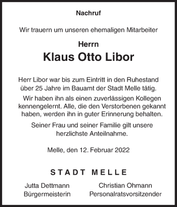 Traueranzeige von Klaus Otto Libor von Neue Osnabrücker Zeitung GmbH & Co. KG