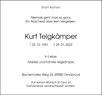 Traueranzeige von Kurt Telgkämper von Neue Osnabrücker Zeitung GmbH & Co. KG