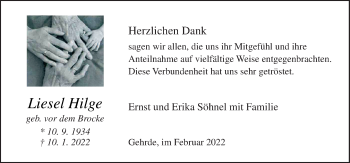 Traueranzeige von Liesel Hilge von Neue Osnabrücker Zeitung GmbH & Co. KG