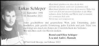 Traueranzeige von Lukas Schleper von Neue Osnabrücker Zeitung GmbH & Co. KG