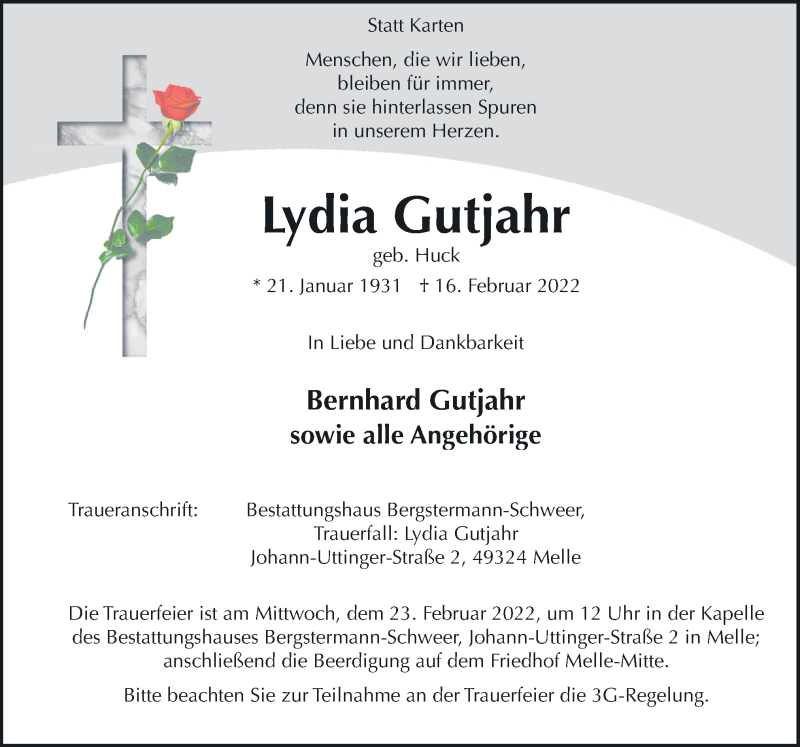  Traueranzeige für Lydia Gutjahr vom 19.02.2022 aus Neue Osnabrücker Zeitung GmbH & Co. KG