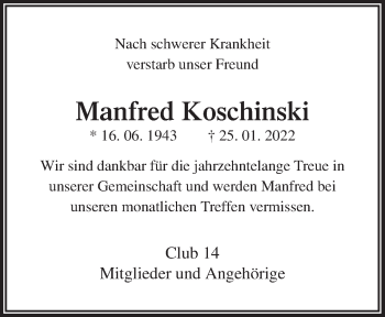 Traueranzeige von Manfred Koschinski von Neue Osnabrücker Zeitung GmbH & Co. KG