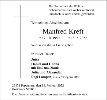 Traueranzeige von Manfred Kreft von Neue Osnabrücker Zeitung GmbH & Co. KG