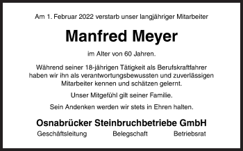 Traueranzeige von Manfred Meyer von Neue Osnabrücker Zeitung GmbH & Co. KG