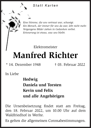 Traueranzeige von Manfred Richter von Neue Osnabrücker Zeitung GmbH & Co. KG