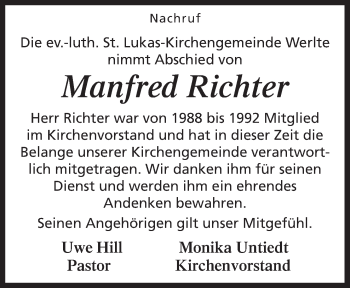 Traueranzeige von Manfred Richter von Neue Osnabrücker Zeitung GmbH & Co. KG