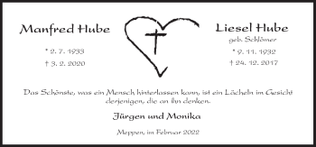 Traueranzeige von Manfred und Liesel Hube von Neue Osnabrücker Zeitung GmbH & Co. KG