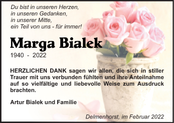 Traueranzeige von Marga Bialek von Neue Osnabrücker Zeitung GmbH & Co. KG