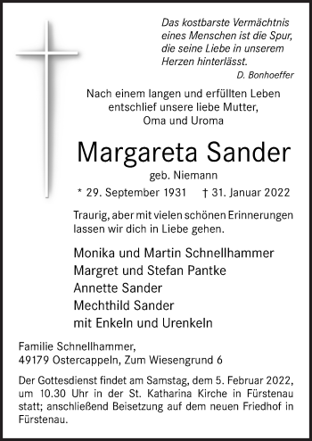 Traueranzeige von Margareta Sander von Neue Osnabrücker Zeitung GmbH & Co. KG