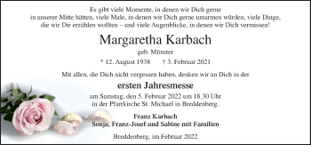 Traueranzeige von Margaretha Karbach von Neue Osnabrücker Zeitung GmbH & Co. KG