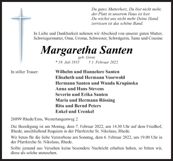 Traueranzeige von Margaretha Santen von Neue Osnabrücker Zeitung GmbH & Co. KG