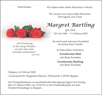 Traueranzeige von Margret Bartling von Neue Osnabrücker Zeitung GmbH & Co. KG