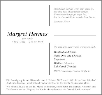 Traueranzeige von Margret Hermes von Neue Osnabrücker Zeitung GmbH & Co. KG