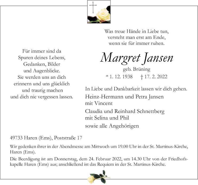  Traueranzeige für Margret Jansen vom 21.02.2022 aus Neue Osnabrücker Zeitung GmbH & Co. KG