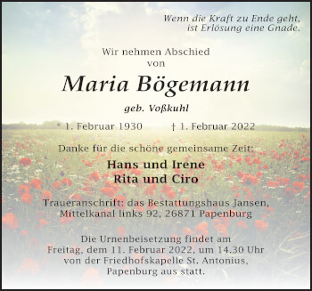 Traueranzeige von Maria Bögemann von Neue Osnabrücker Zeitung GmbH & Co. KG