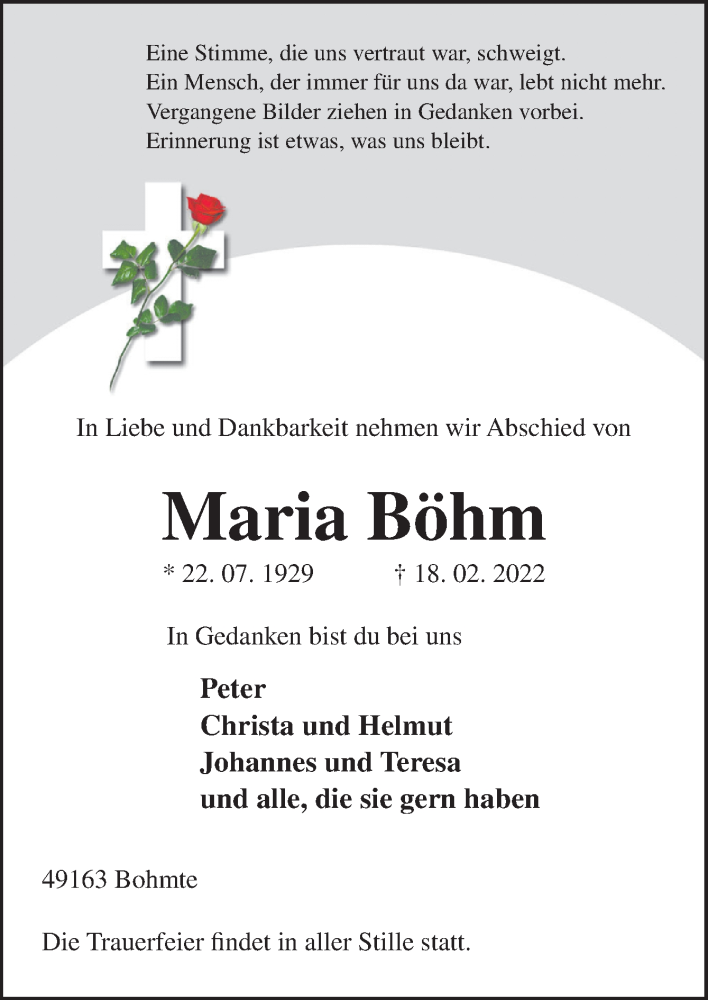  Traueranzeige für Maria Böhm vom 22.02.2022 aus Neue Osnabrücker Zeitung GmbH & Co. KG
