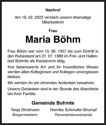 Traueranzeige von Maria Böhm von Neue Osnabrücker Zeitung GmbH & Co. KG
