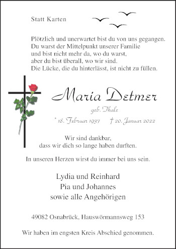 Traueranzeige von Maria Detmer von Neue Osnabrücker Zeitung GmbH & Co. KG