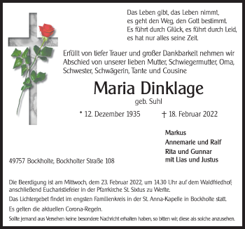 Traueranzeige von Maria Dinklage von Neue Osnabrücker Zeitung GmbH & Co. KG