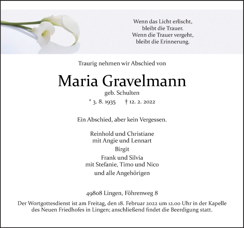 Traueranzeige für Maria Gravelmann vom 16.02.2022 aus Neue Osnabrücker Zeitung GmbH & Co. KG