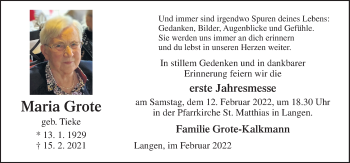Traueranzeige von Maria Grote von Neue Osnabrücker Zeitung GmbH & Co. KG