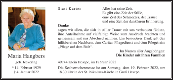 Traueranzeige von Maria Hangbers von Neue Osnabrücker Zeitung GmbH & Co. KG