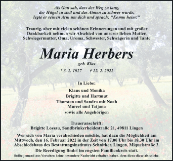 Traueranzeige von Maria Herbers von Neue Osnabrücker Zeitung GmbH & Co. KG