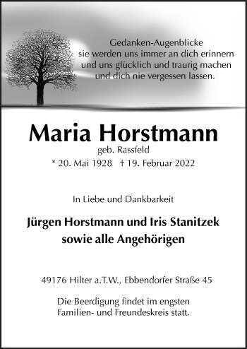 Traueranzeige von Maria Horstmann von Neue Osnabrücker Zeitung GmbH & Co. KG