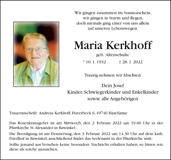 Traueranzeige von Maria Kerkhoff von Neue Osnabrücker Zeitung GmbH & Co. KG