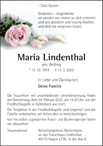 Traueranzeige von Maria Lindenthal von Neue Osnabrücker Zeitung GmbH & Co. KG